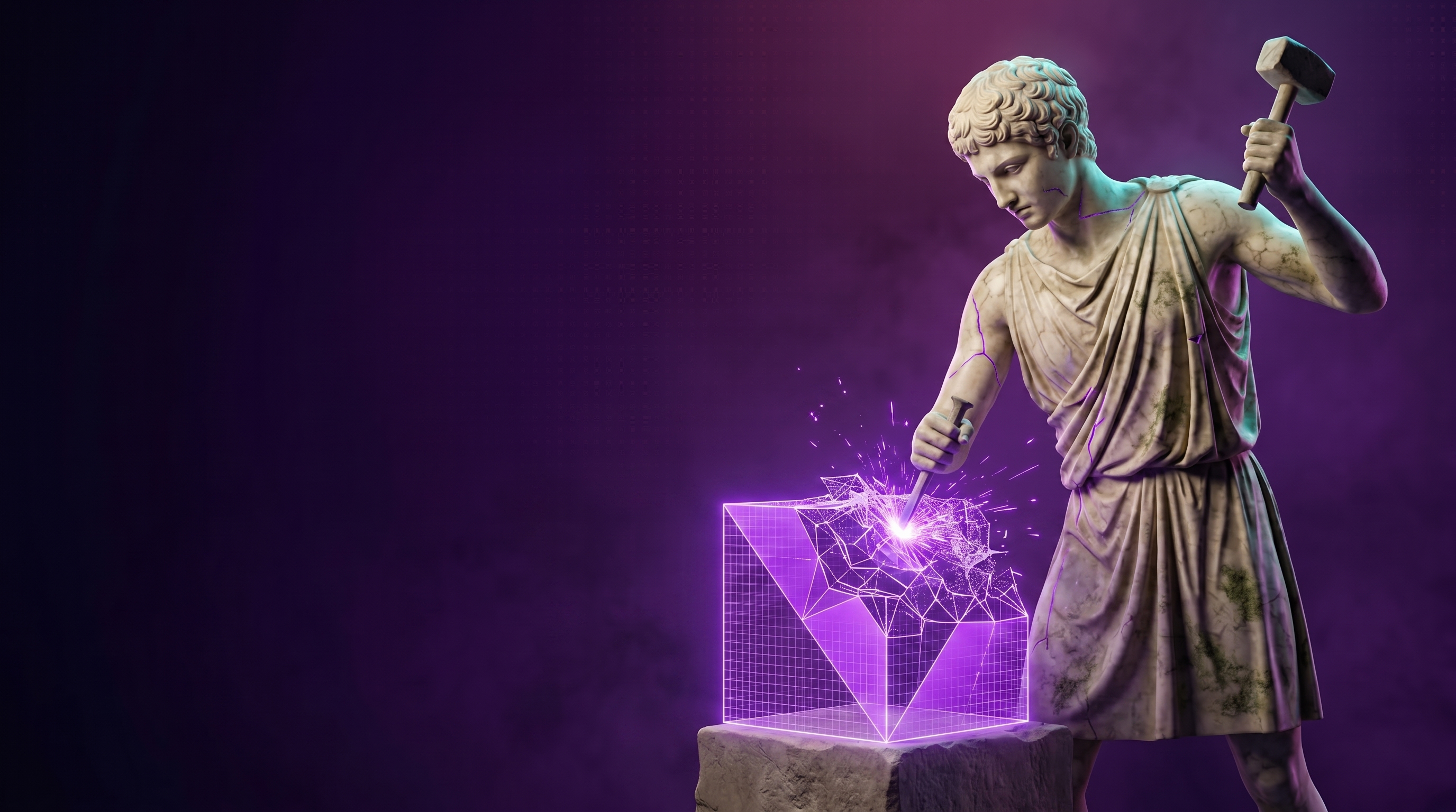 Joven escultor formando un cubo holograma violeta con martillo y cincel