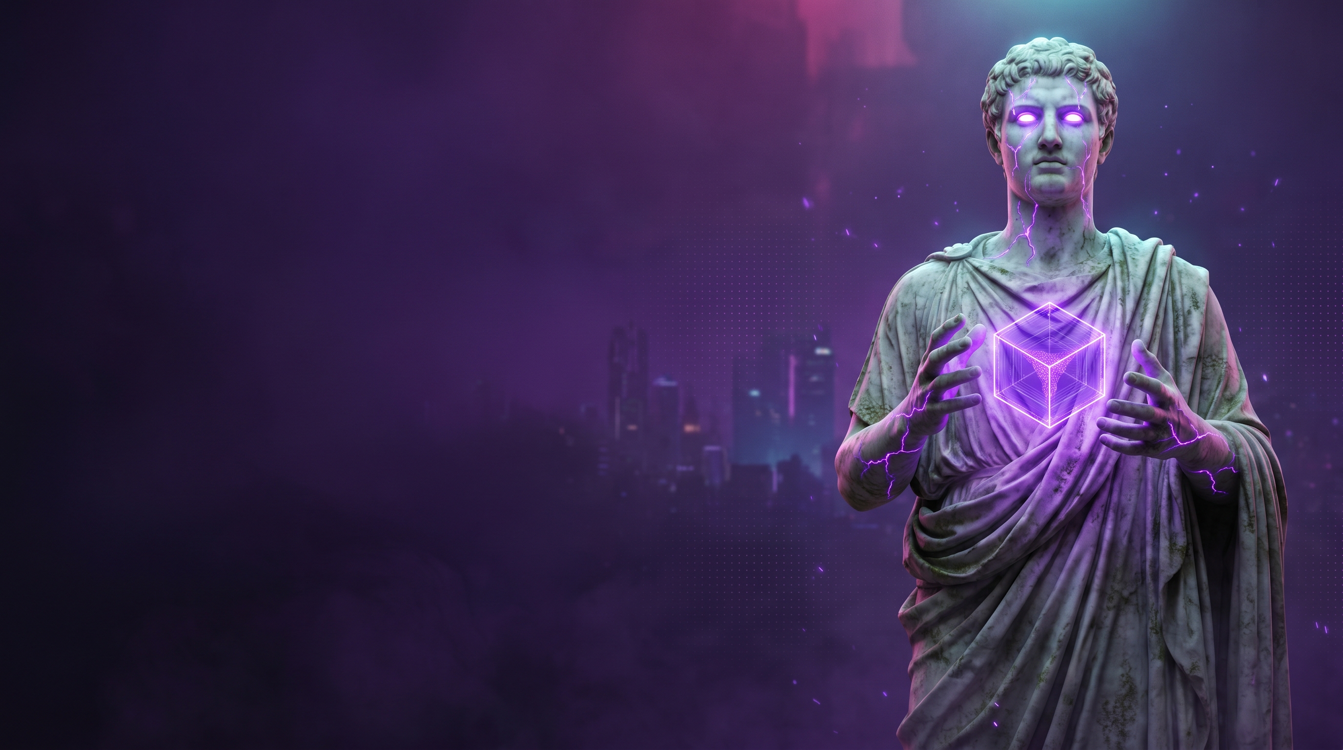 Estatua joven sosteniendo cubo violeta